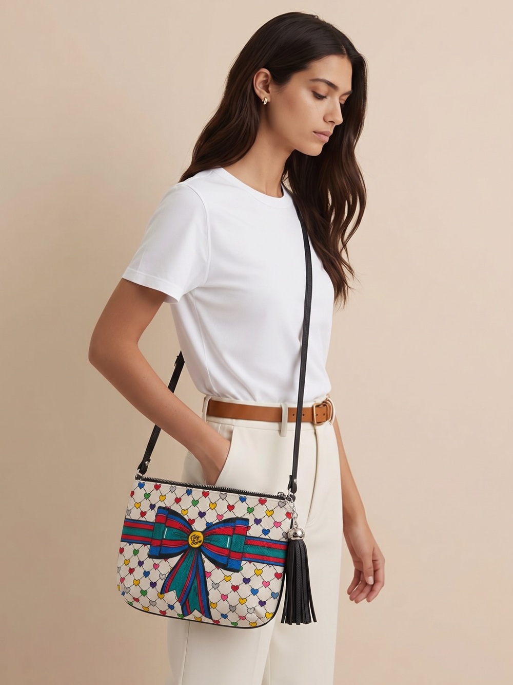 Brighton White Patterned Crossbody Bag with Multicolor Bow Accent